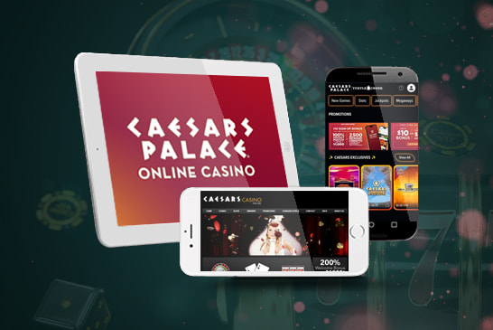 Caesars Palace online casino platform and logo displayed over three screens: a tablet and two mobile phones