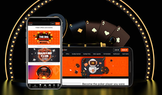 The PartyPoker mobile app displayed on phone and tablet screens