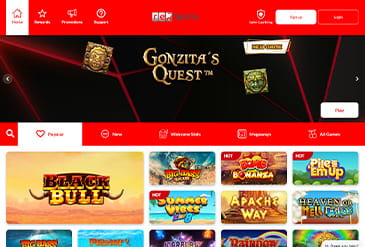 Red Spins homepage displaying a welcome bonus and selection of casino games.