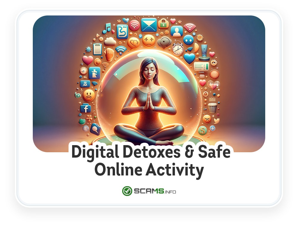 Woman meditating in a bubble surrounded by digital icons